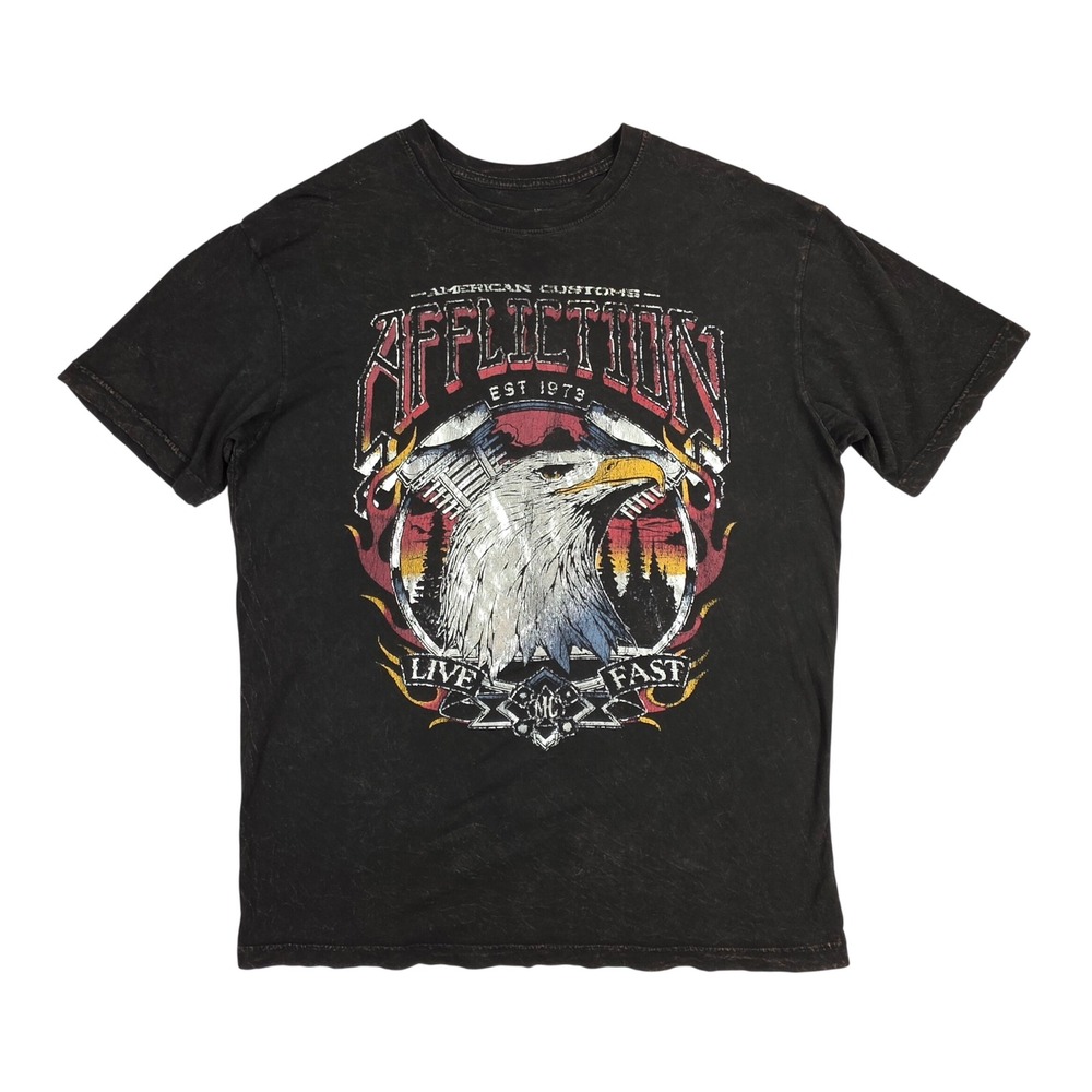 Affliction American Customs Live Fast Eagle Graphic T-Shirt Black XL Acid Wash